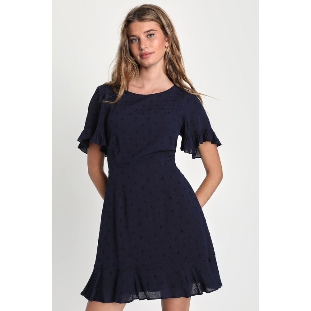 Lulus Sweet Outlook Navy Blue Clip Dot Skater Mini Dress - Size S